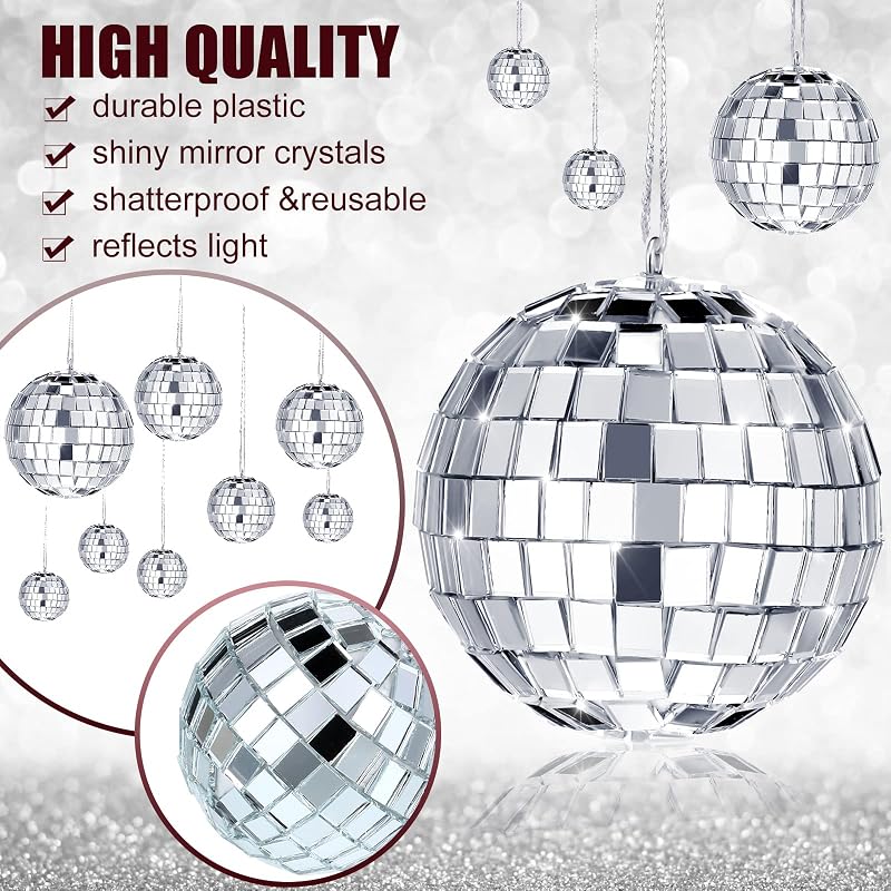 MTLEE 20 Pcs Disco Ball Decorations – Assorted Sizes with Hooks & Threads (Silver, 1.2-2.4 Inch)