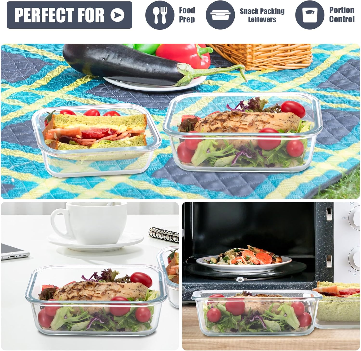 Skiennix 6 Pack Glass Food Storage Containers - Airtight Meal Prep Containers for Lunch & Leftovers, BPA Free (Grey)