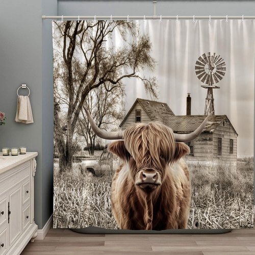 Highland Cow Western Shower Curtain Longhorn Bull Rustic Windmill Cattle Farm Animal Wildlife Country Farmhouse Vintage Barn Bathtub Curtains Fabric Bathroom Accessories with Hooks 70Wx70H Inch