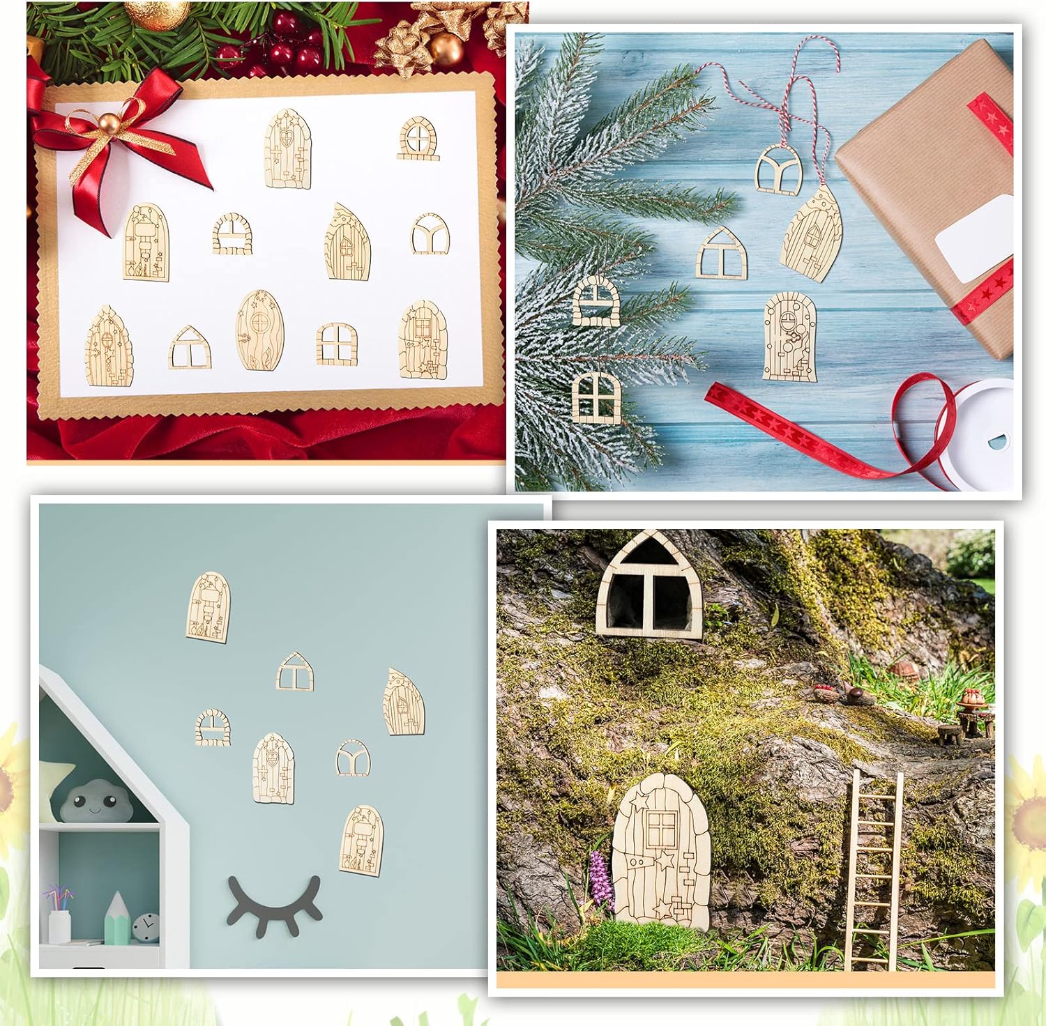 Skiennix Fairy Door Mini Wooden Garden Doors - 64 Pcs Unfinished DIY Craft Kit for Home Decor