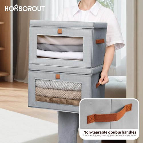 Homsorout Large Closet Storage Bins - Collapsible Fabric Organizers with Handles & Lids | 4-Pack Grey