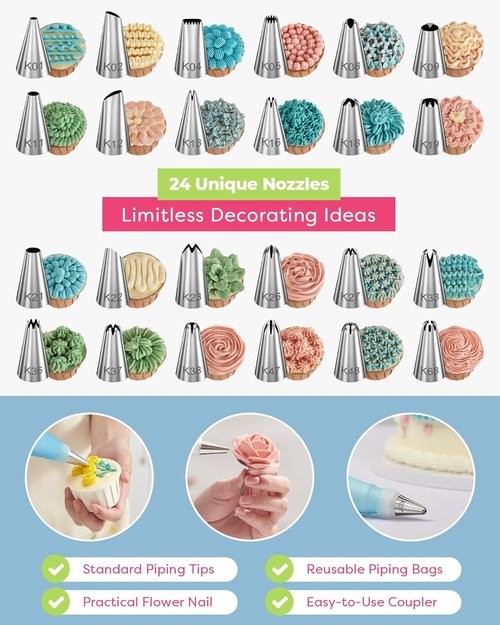 Kootek 32-Piece Cake Decorating Kit - 24 Icing Piping Tips & 2 Reusable 12-Inch Pastry Bags