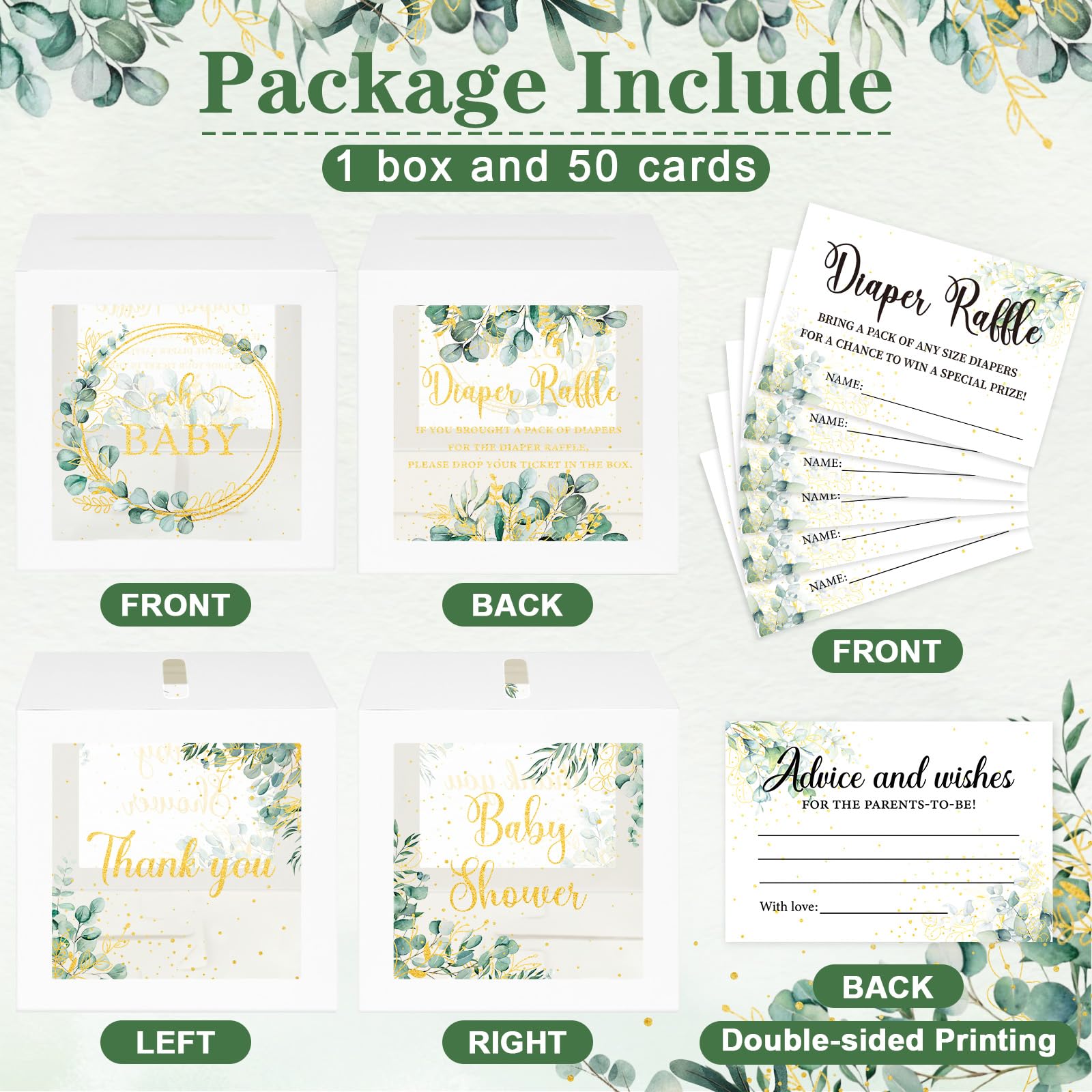 Greenery Baby Shower Games for Girl or Boy, Oh Baby Sage Green Diaper Raffle Card Box with Tickets for Boy Baby Shower Decorations