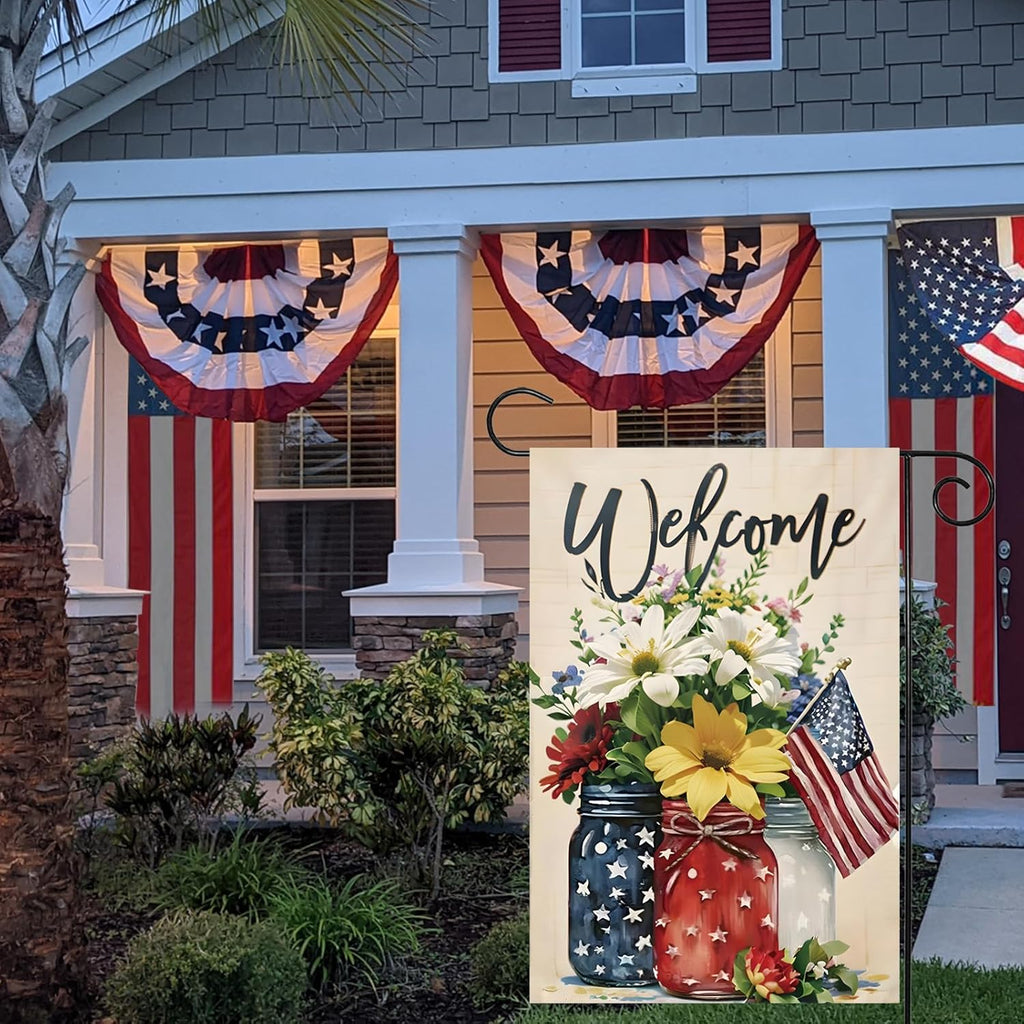 Patriotic 4th of July Mason Jar Flowers Garden Flag - Double-Sided Burlap 12x18 for Summer Celebrations