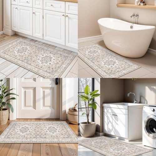 Entryway 2x4 Washable Area Rug - Oriental Stain Resistant Non-Slip Soft Indoor Carpet | Beige