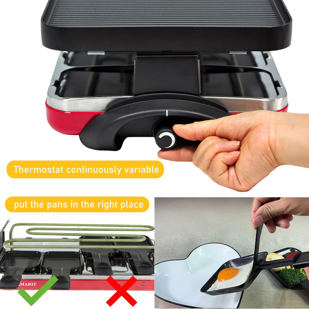 TAMARIT Classic 8 Person Raclette Grill 1500W Electric Tabletop Griddle with Reversible Plate, 8 Non-Stick Cheese Trays and Spatulas Indoor Portable Korean BBQ Barbecue Party Grill Red