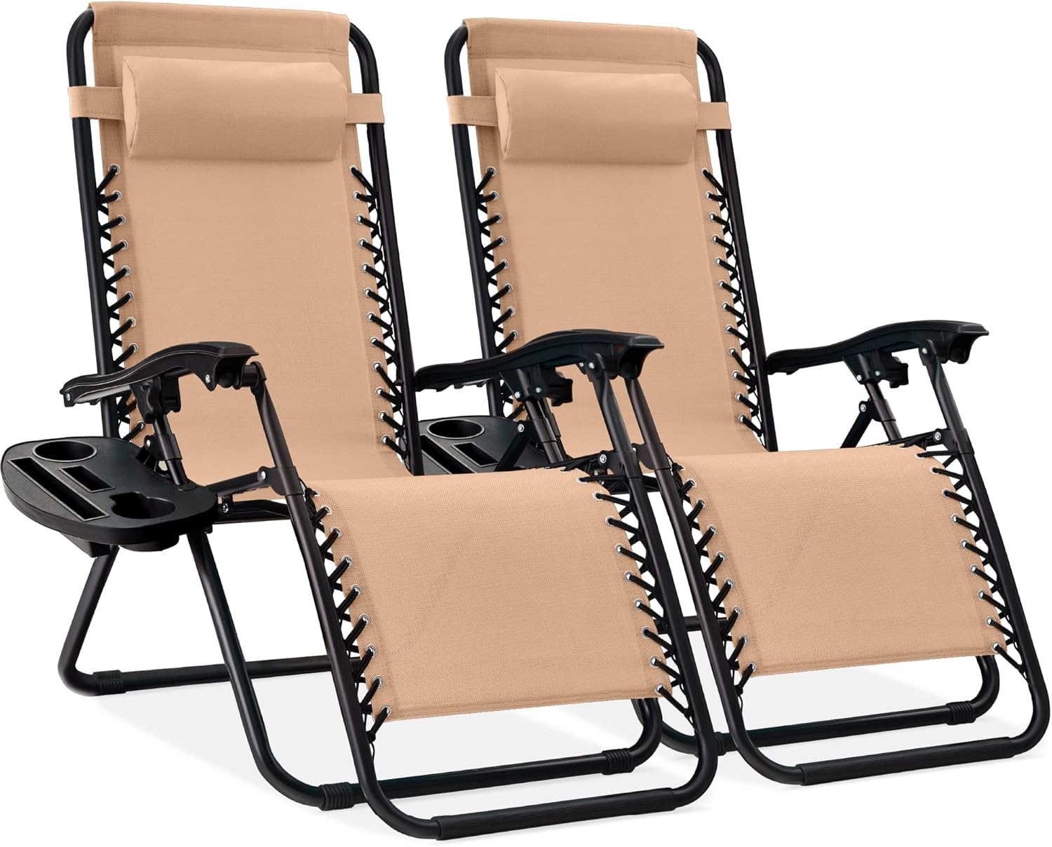 Best Choice Products Adjustable Steel Mesh Zero Gravity Lounge Chair Set - 2 Recliners with Pillows & Cup Holders - Beige
