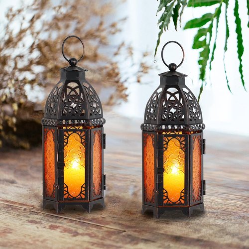 **DECORKEY Moroccan Lanterns Set of 2 - Vintage Metal Candle Holders for Indoor & Outdoor Decor (11’’ Amber)**
