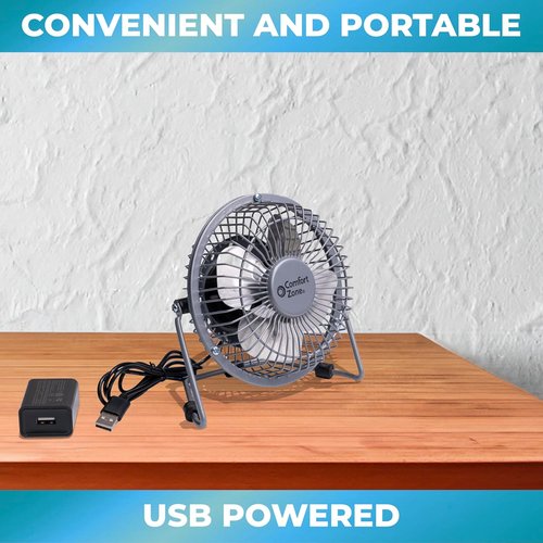 Comfort Zone Mini Desk Fan - High Velocity 4-Inch All-Metal USB Fan with Adjustable Tilt & Quiet Operation | Perfect for Home, Office & Travel