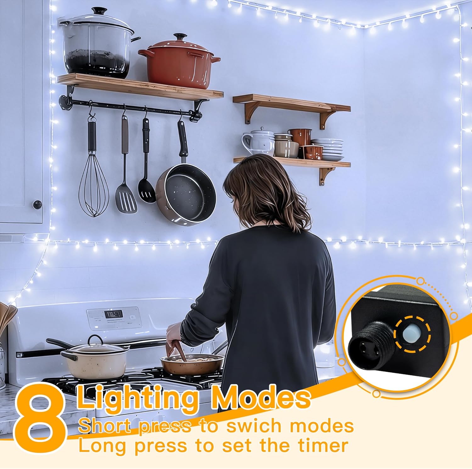 Ollny 200 LED Christmas Lights - 60FT Cool White Connectable String Lights | Waterproof, 8 Modes for Indoor/Outdoor Use
