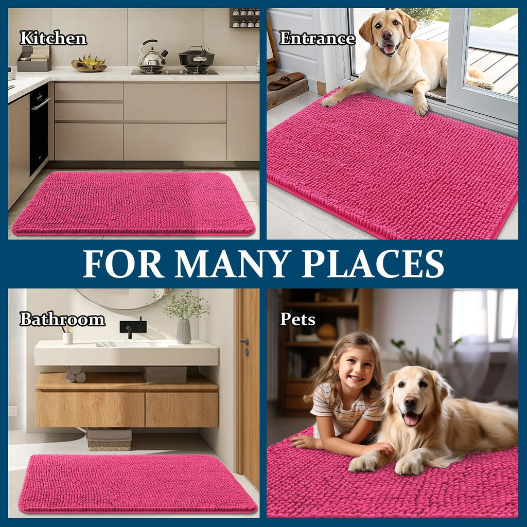 OLANLY Dog Door Mat - Absorbent Non-Slip Chenille Mat for Muddy Paws | 59x24, Hot Pink, Quick Dry