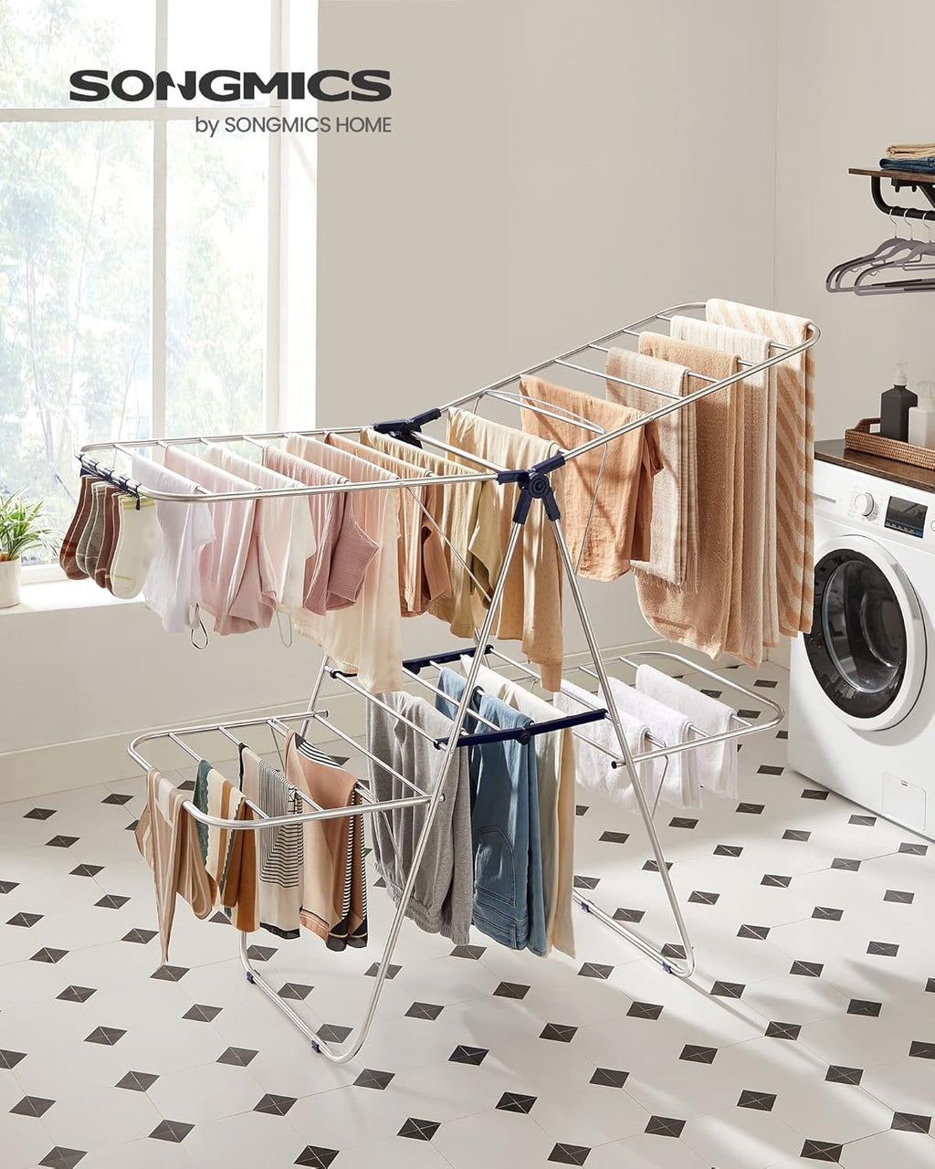 SONGMICS Foldable Clothes Drying Rack - 2-Level Laundry Airer with Adjustable Wings & 33 Rails | Silver and Blue