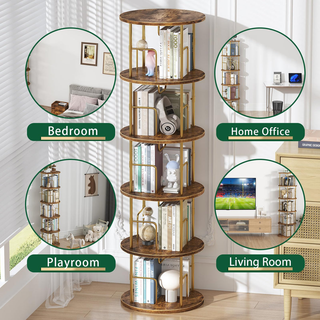 5Tier Rotating Bookshelf, 360 ° Display Stackable Spinning Bookshelf Tower,Round Space Saving Tall Floor Standing Swivel Bookcase Corner Storage Organizer for Bedroom/Living Room/Office，Gold