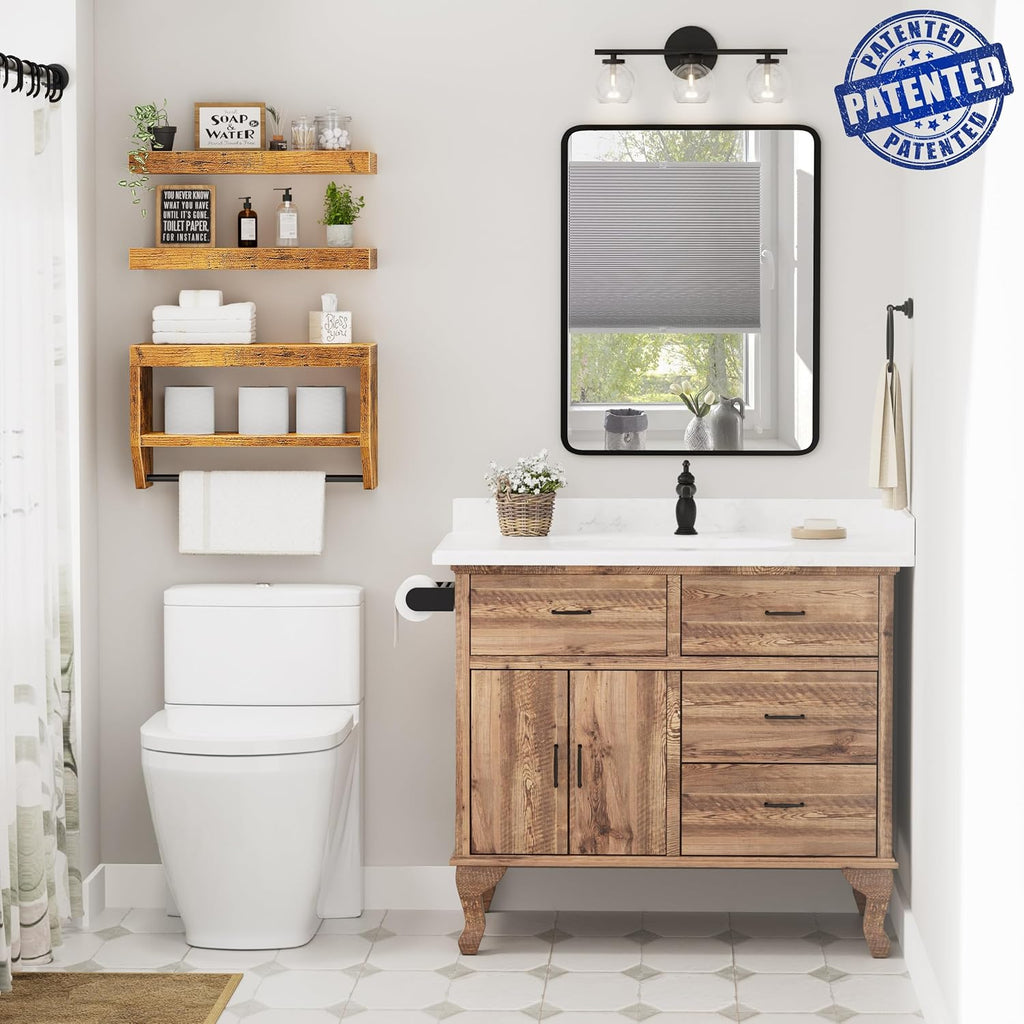 QEEIG Floating Bathroom Shelves - Rustic Brown Wall Storage Set of 3 | 16 Inch Over Toilet Solution