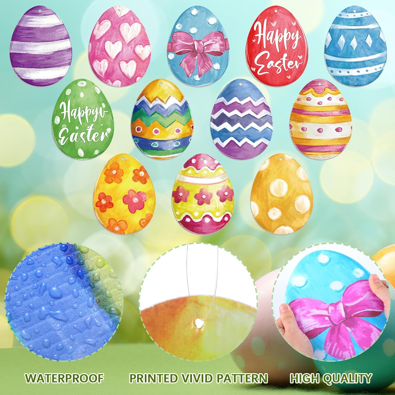 Skiennix 12 Pcs Large Outdoor Easter Egg Decorations - Colorful Double-Sided Hanging Ornaments for Lawn & Porch