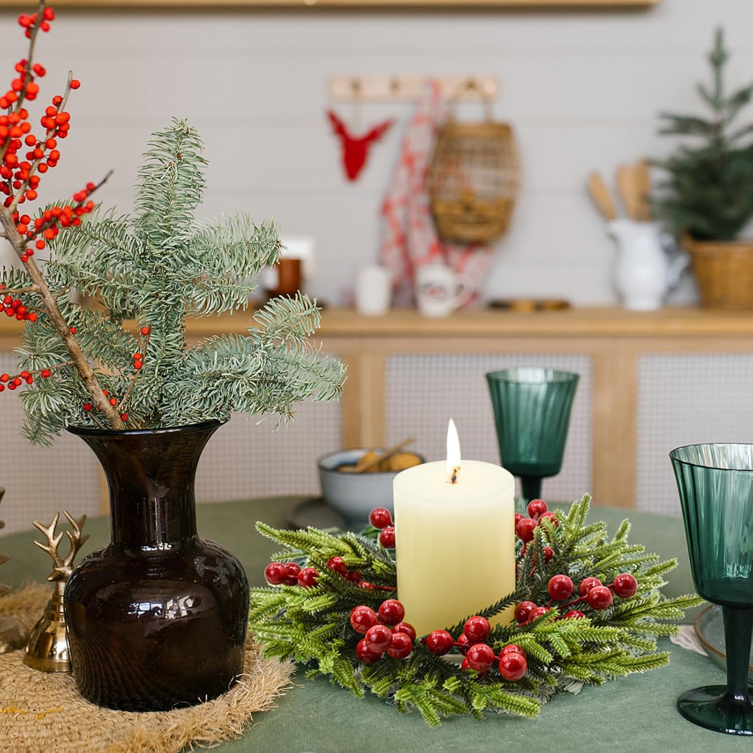 Skiennix Christmas Candle Rings - Festive Red Berries & Pine Needle Wreaths | 4PCS Holiday Decor