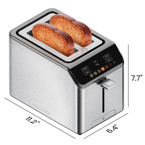 Chefman Smart Touch 2 Slice Digital Toaster, 6 Shade Settings, Touchscreen Controls, Extra-Wide Slots for Thick Breads & Bagels, +10 Seconds, Defrost, Removable Crumb Tray – Stainless Steel