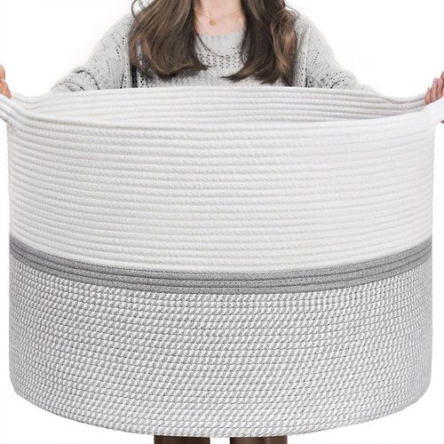CHICVITA XXL Extra Large Cotton Rope Woven Basket with Handles, Throw Blanket Storage Basket, Decorative Clothes Hamper, 22" x 22" x 14", Gray