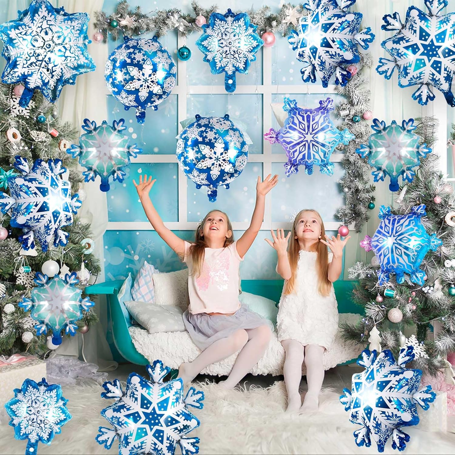 Snowflake Balloons - 24 Pcs Large Foil Balloons | Frozen Snowflake Mylar for Winter Wonderland Parties