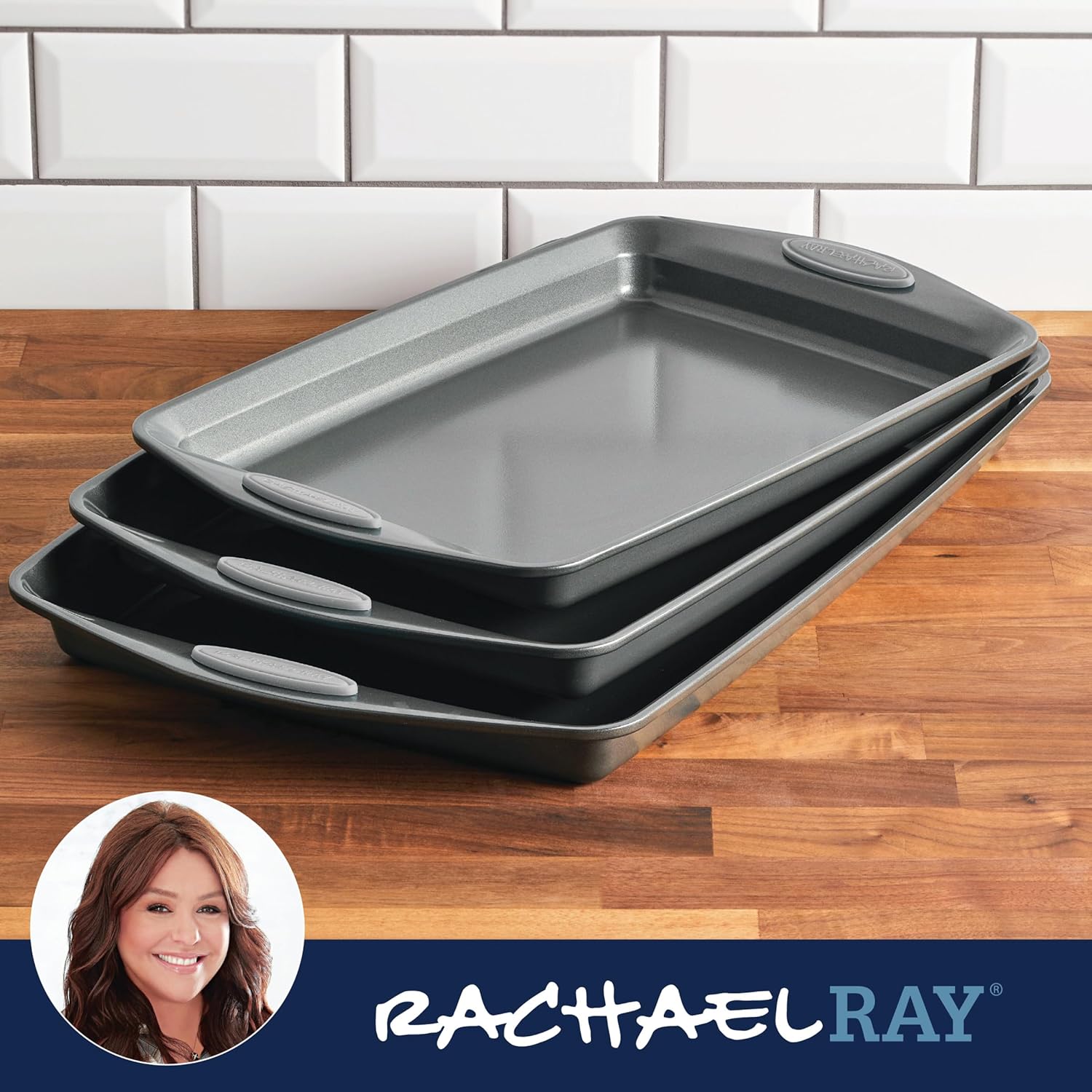 Rachael Ray Nonstick Bakeware Set - 3-Piece Cookie Sheets with Grips, Gray & Sea Salt Gray