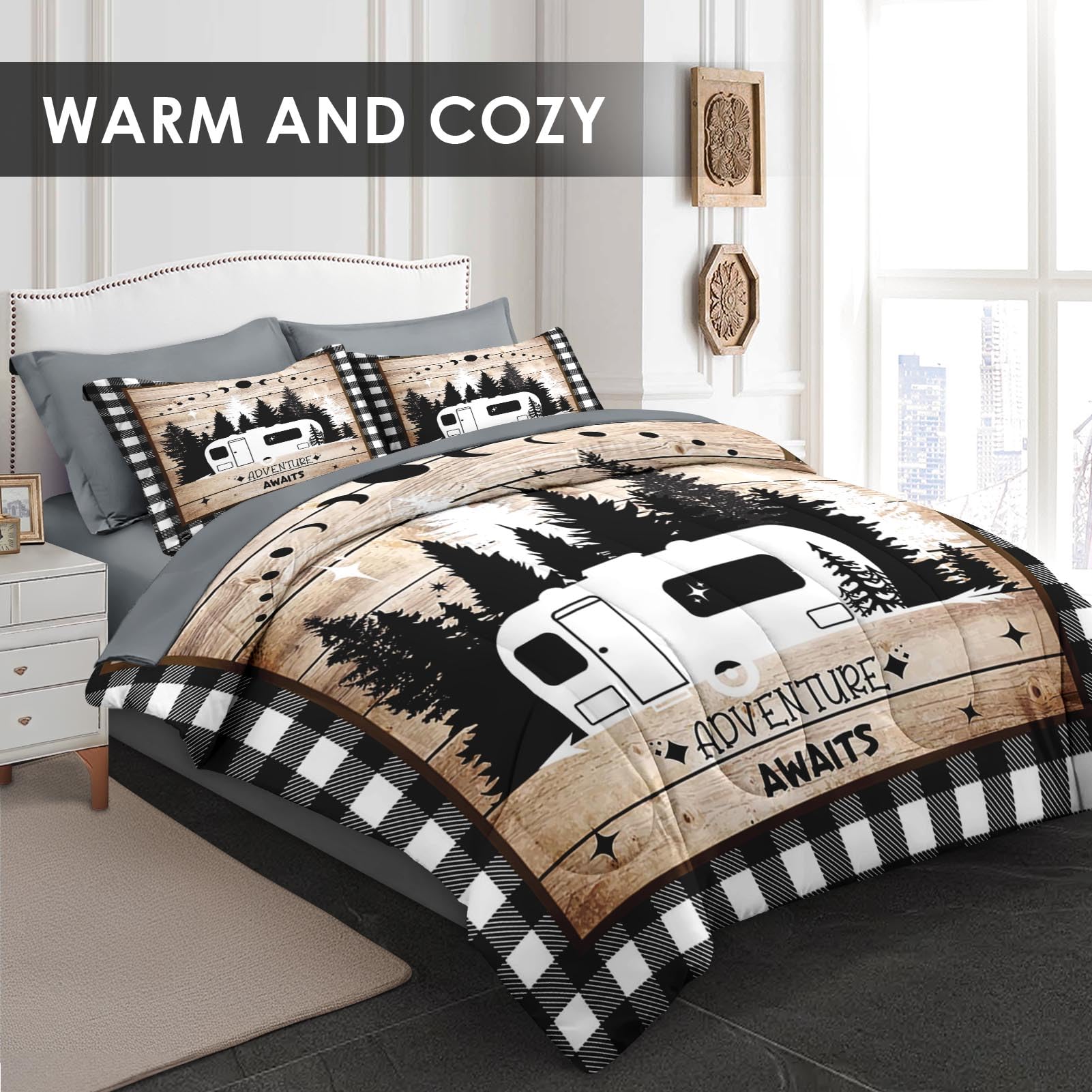 Pamnest Comforter Set Queen Size, Camper Rv Camping 7 Pcs Bedding for Kids and Adults, Car Bed Sheet Sets with Fitted Sheet 2 Pillowcases & 2 Shams for Bedroom Bed Decor