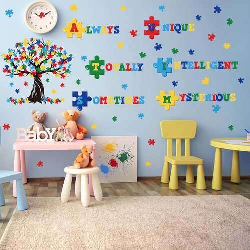 Cinrobiye Autism Awareness Wall Decal - Inspirational Puzzle Piece Tree Design for Classroom & Decor