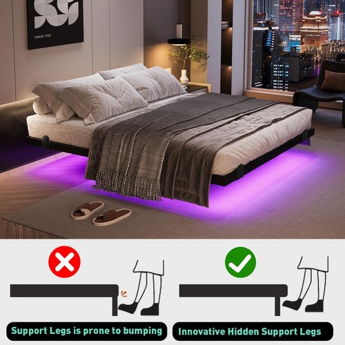 AGXI Floating Bed Frame with LED Lights and Charging Station, 14 Inch King Size Floating BedFrame - Modern King Size Bed Frame Easy Assembly No Box Spring Needed