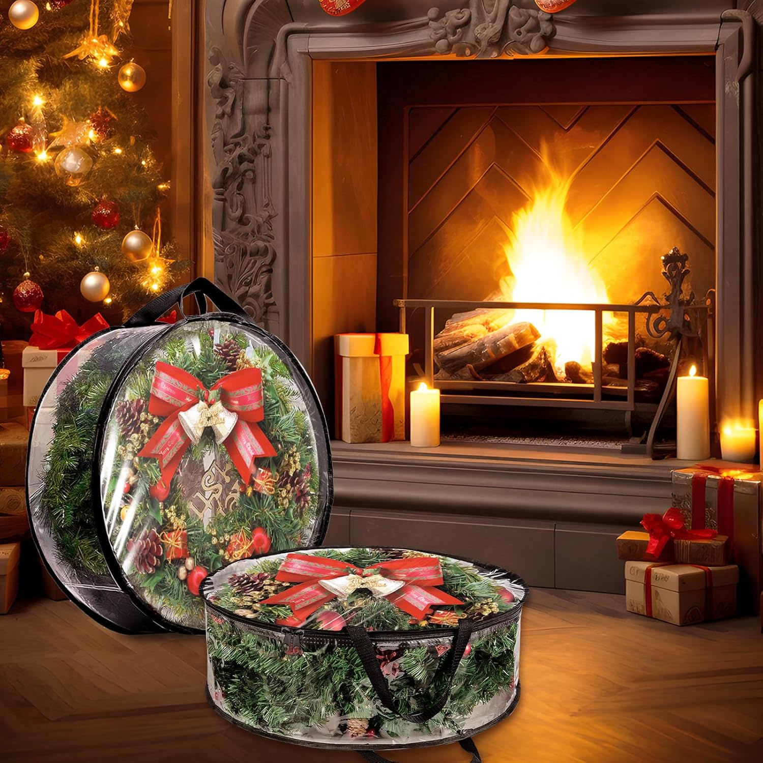 YAYODS Wreath Storage Bag - Heavy Duty 30 Inch Christmas Container with Clear Window | Black 4 Pack