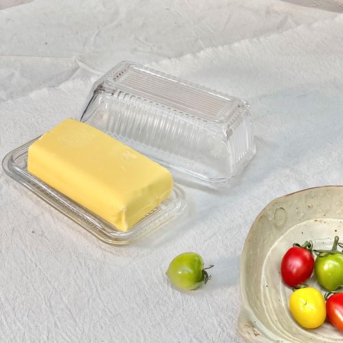 Clear Glass Butter Dish with Lid for Countertop, 6.5" Crystal Butter Dish with Cover, Covered Butter Tray for Refrigerator