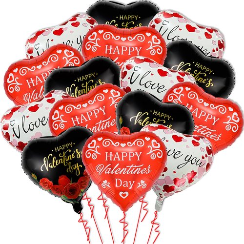 15Pcs Heart Balloons Valentines Party Decorations - 18 Inch Happy Valentine Balloon - Black and Red Heart Shaped Balloons for Valentines Day Decorations - Romantic Night Party Decor