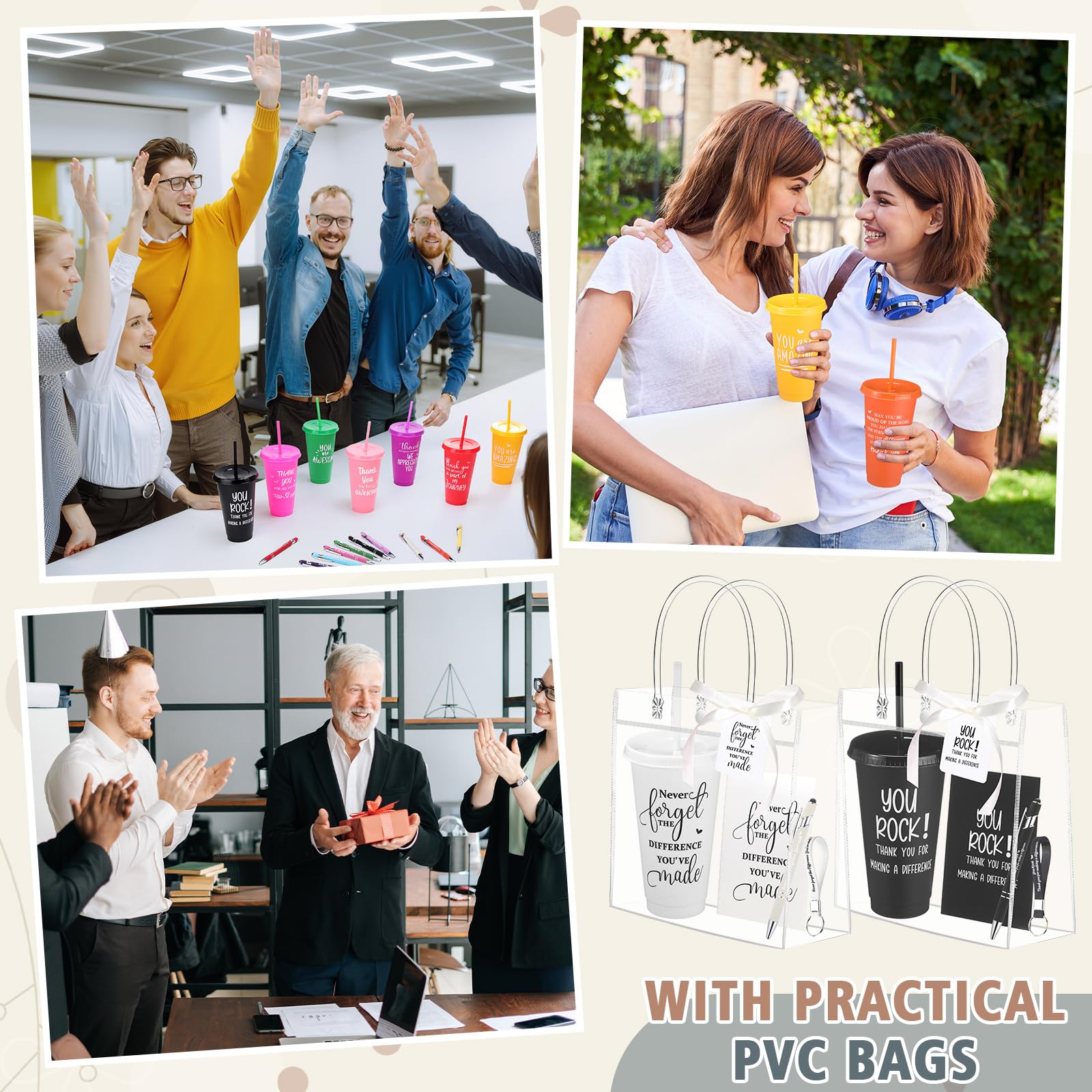 Widecook 181 Pcs Employee Appreciation Gifts 24 oz Inspirational Plastic Cups with Lid and Straw Notebooks Ballpoint Pens Keychains PVC Gift Bags Thank You Supplies for Teacher Coworker Staff(Classic)