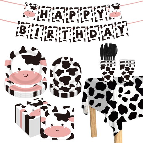Sveikie 177pcs Cow Theme Birthday Party Decorations Set -cow party cow print plates and napkins, paper cup, Tablecloth, Banner, Black plastic silverware Serves 30
