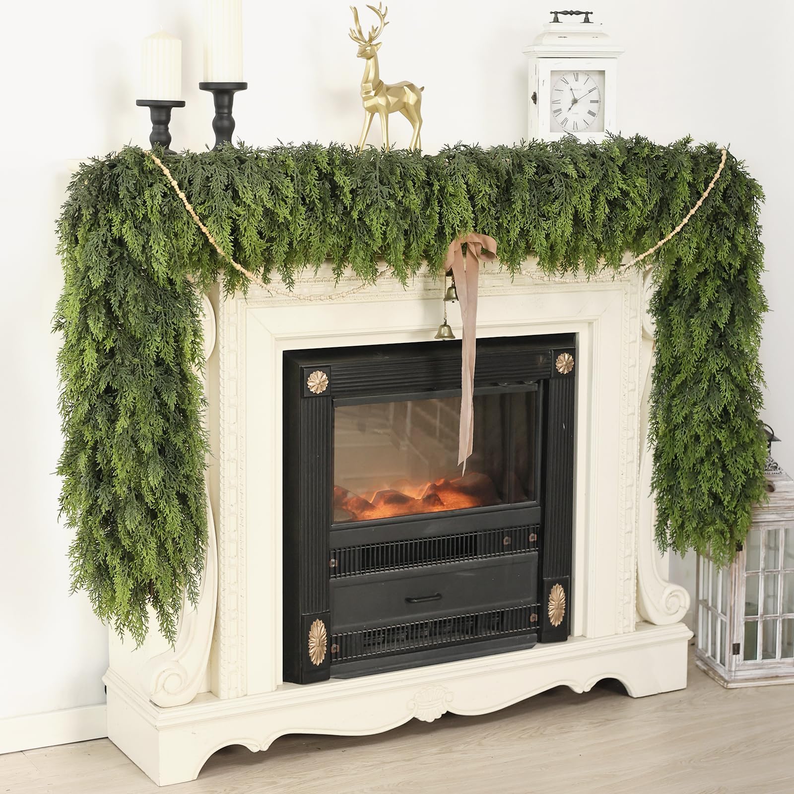 9FT Real Touch Christmas Cedar Garland - 1PCS, Artificial Pine Needles Garlands Realistic Fake Green Faux Garland for Holiday Fireplace,Table,Window,Stairs,Mante,Indoor Outdoor Decor