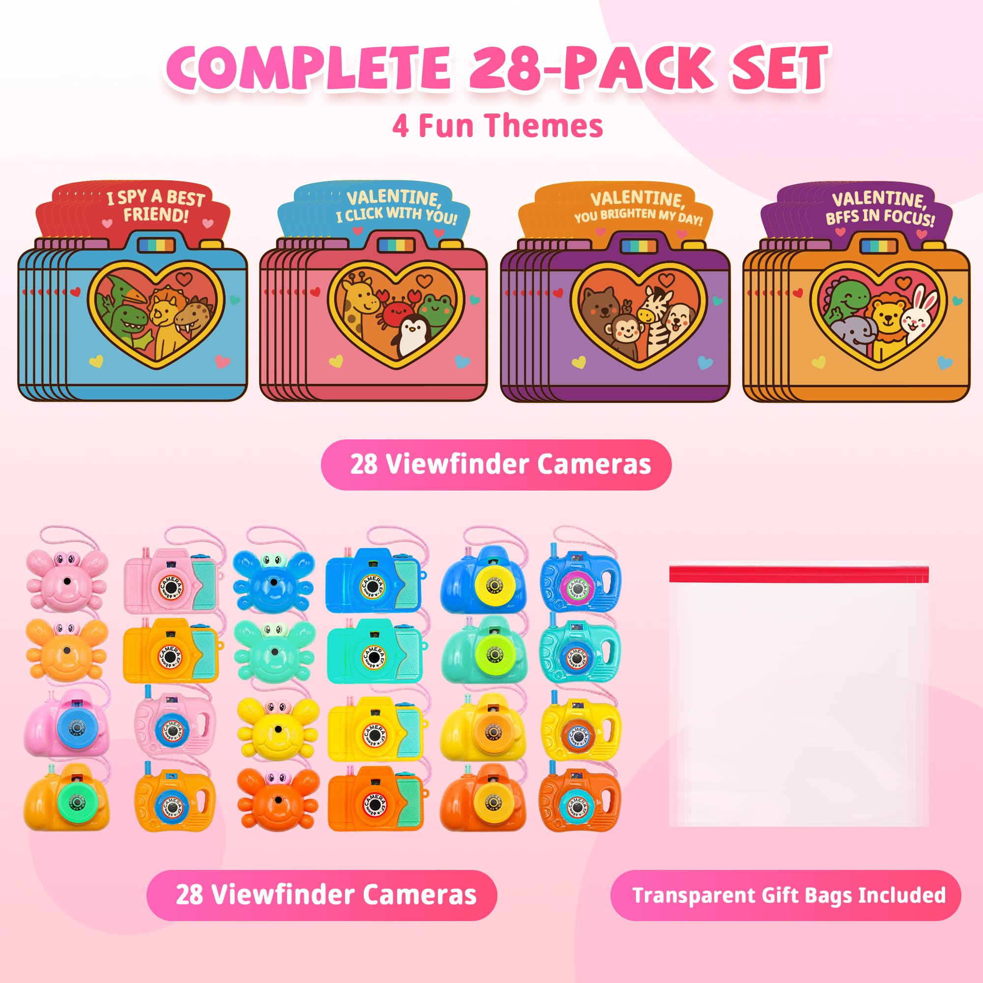 Valentines Day Cards for Kids School – 28 Pack Kids Viewfinder Toy Cameras with Greeting Cards, Classroom Exchange Valentine Gifts for Boys and Girls, Cards + Toys Bulk Set for School Valentine Party