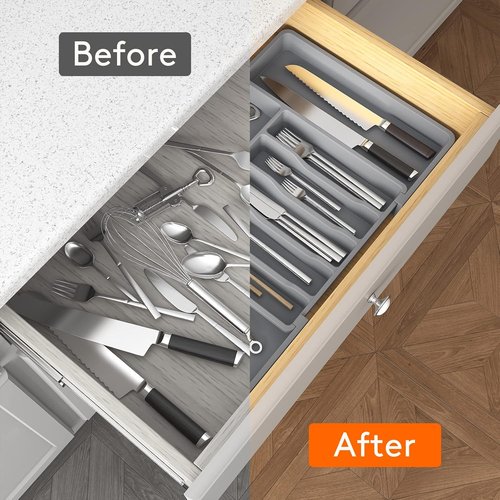 Lifewit Expandable Silverware Drawer Organizer - BPA-Free Utensil Tray for Kitchen | Adjustable 13-22 x 15", Grey