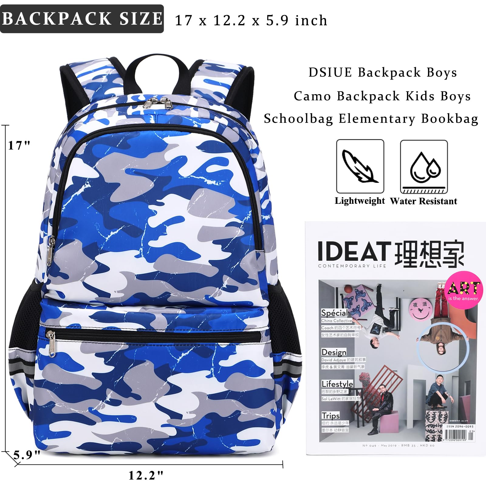 DSIUE Backpacks for Boys School Bags for Kids Elementary Bookbag and Lunch Box Set Camo Blue