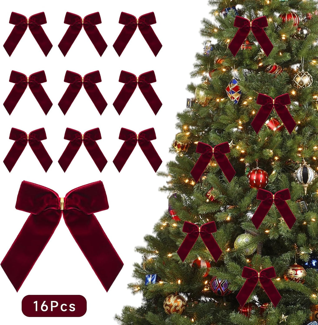 PintreeLand Red Velvet Christmas Bows - 16 Pack Decorative Twist Tie Ribbons | 3.5x3.5 Inch (Wine Red)