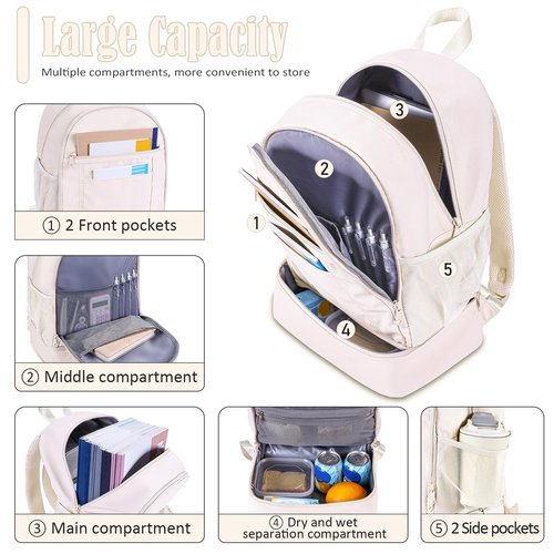 NOL Natural Organic Lifestyle Kids 2-in-1 Backpack & Insulated Lunch Bag-16 Multi-Functional Large Compartments Backpack for School & Travel, Double Deck, Water Resistant, Leak-proof, Padded (Cream)