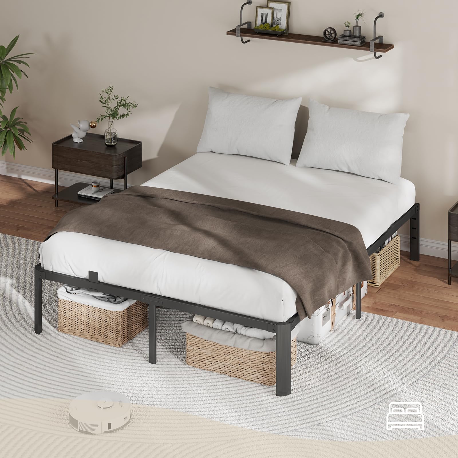 Metal Bed Frame Queen Size, 14 Inch 3500 lbs Heavy Duty Platform Bed Frames Steel Slats Noise Free No Box Spring Needed, Easy Assemble Sturdy Bedframe with Storage and Mattress Retainers