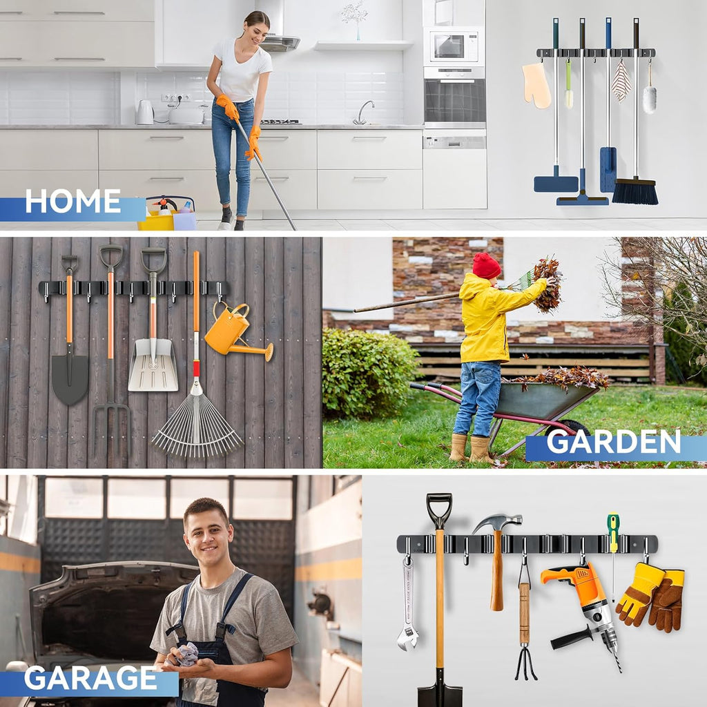 ZONGOOL Wall-Mounted Broom Holder - 4 Racks & 5 Hooks for Home Organization | Black Metal Design