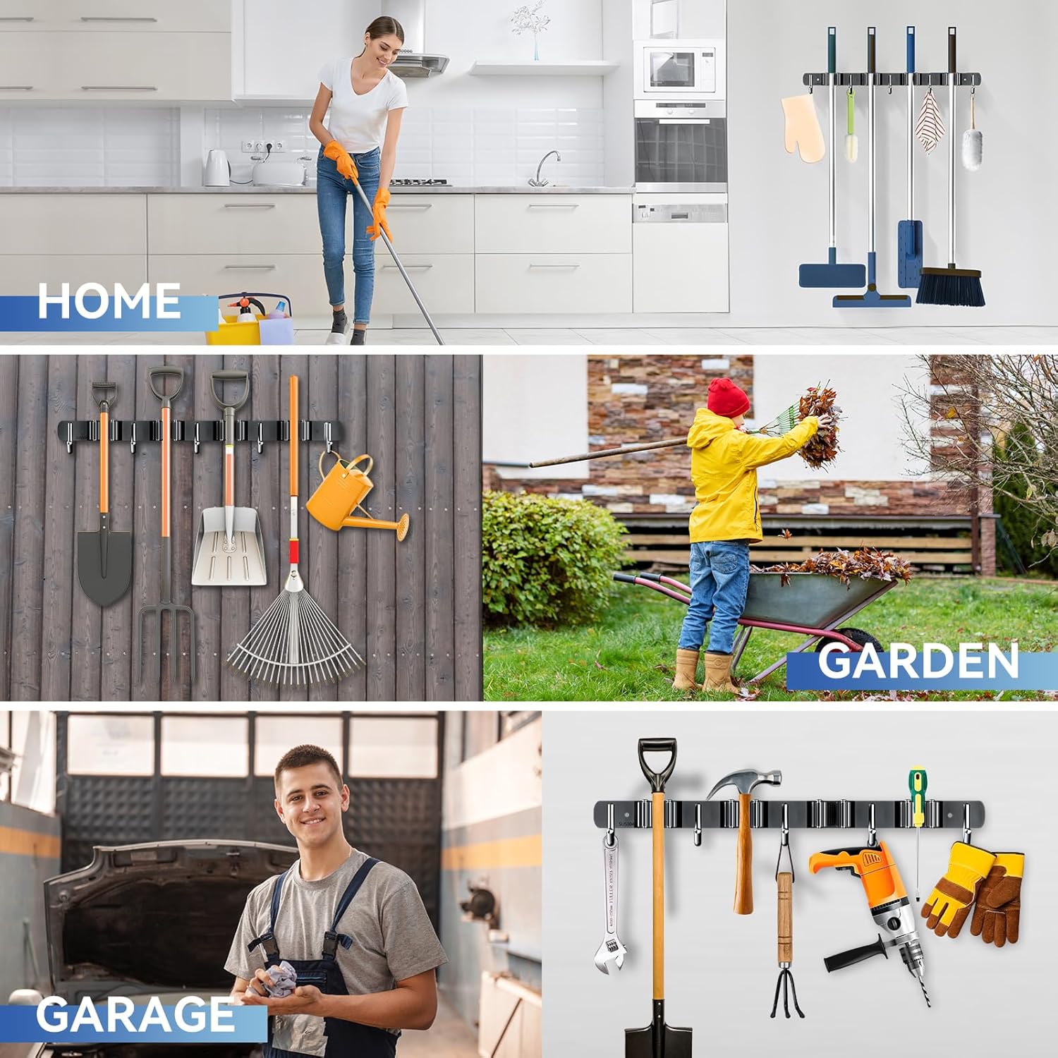 ZONGOOL Wall-Mounted Broom Holder - 4 Racks & 5 Hooks for Home Organization | Black Metal Design