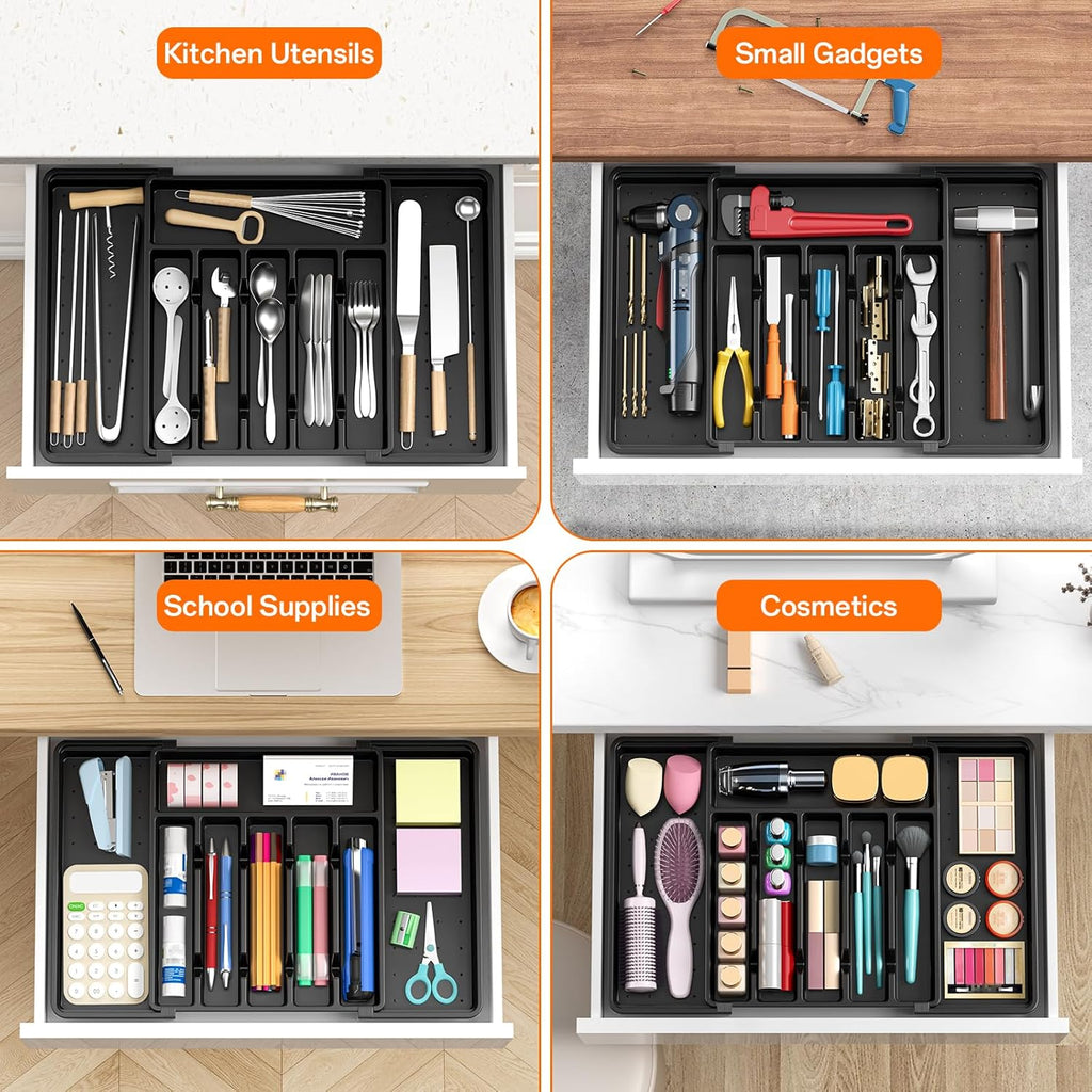 RoomHacks Large Silverware Organizer - Expandable Utensil Drawer Holder | BPA-Free, Adjustable, Black (6-8 Slots)