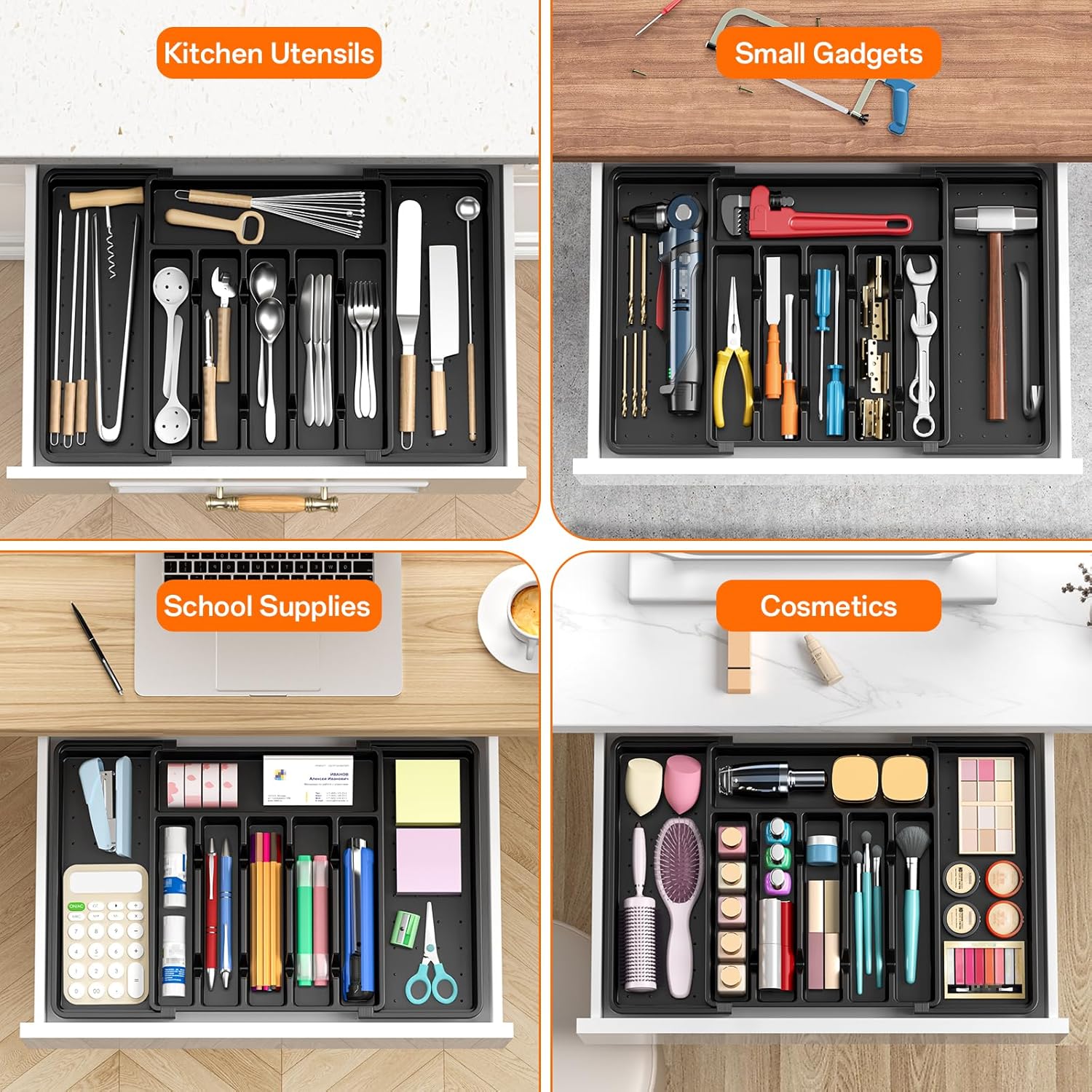 RoomHacks Large Silverware Organizer - Expandable Utensil Drawer Holder | BPA-Free, Adjustable, Black (6-8 Slots)