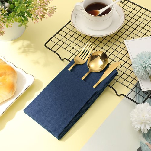 Cindeer 150 Pcs Navy Blue Linen Dinner Feel Napkins with Built in Flatware Pocket Prefolded Paper Disposable Airlaid Guest Hand Towel for Silverware Wedding Reception Christmas Baby Shower