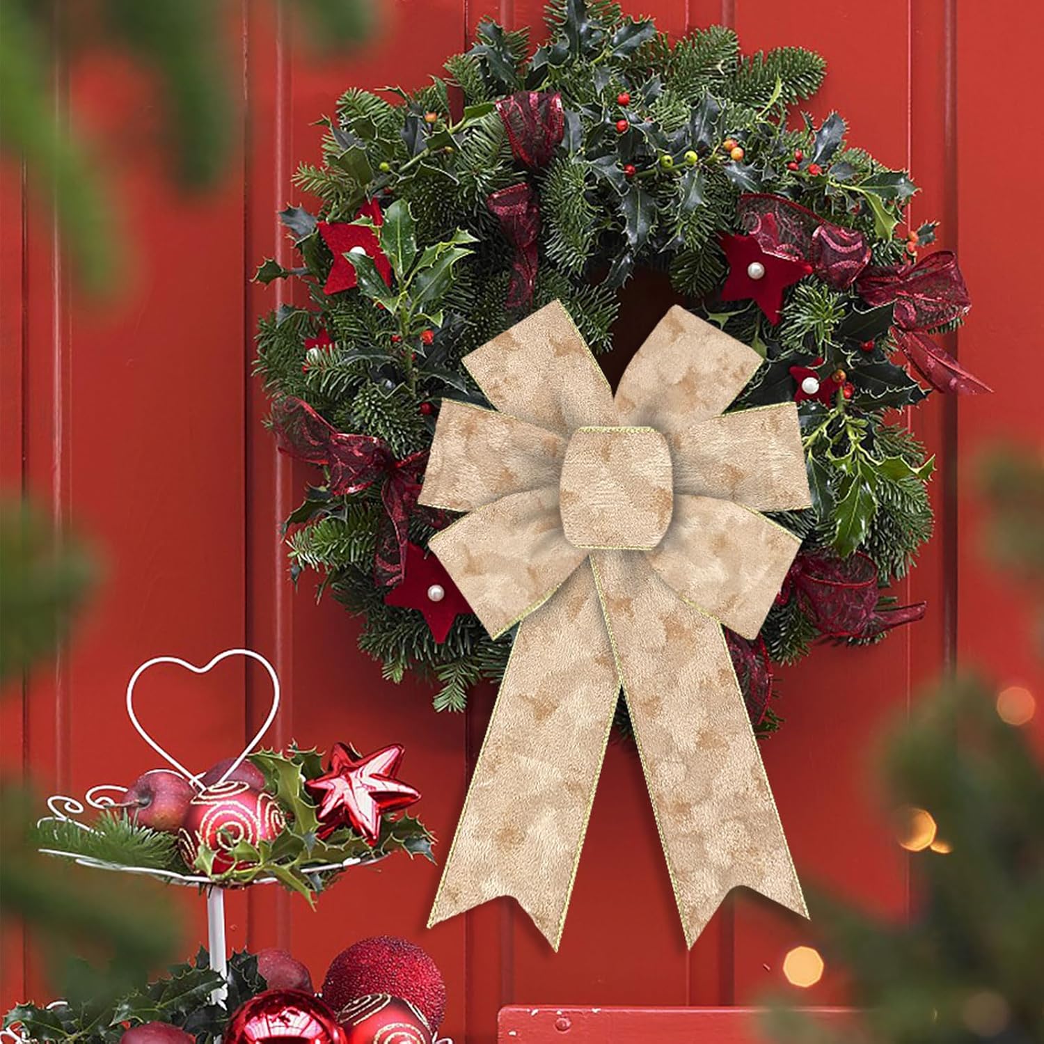 On-Airstore Christmas Wreath Bows - 2 Pcs Champagne Gold Velvet Decorative Bows for Indoor/Outdoor Decor