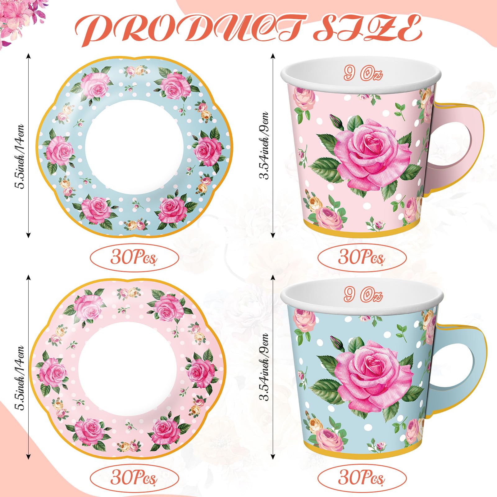 Umigy 60 Sets Mother's Day Tea Party Decorations 9 oz Floral Paper Teacups & Saucer Set for Girls Women Tea Parties Mothers Day Bridal Shower Wedding Birthday Party Decorations(Pink, Blue)