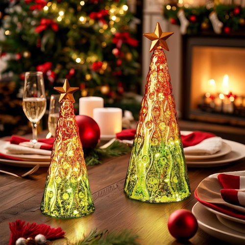 Lewondr Glass Christmas Trees - 2 PCS Tabletop Mercury Trees with Built-In Lights | Green & Gold Decor