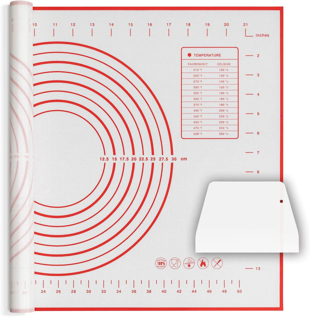 Skiennix Silicone Baking Mat - Non-Slip Pastry Mat with Measurements - BPA-Free, 24 x 16 Inches, Red | Includes Dough Scraper