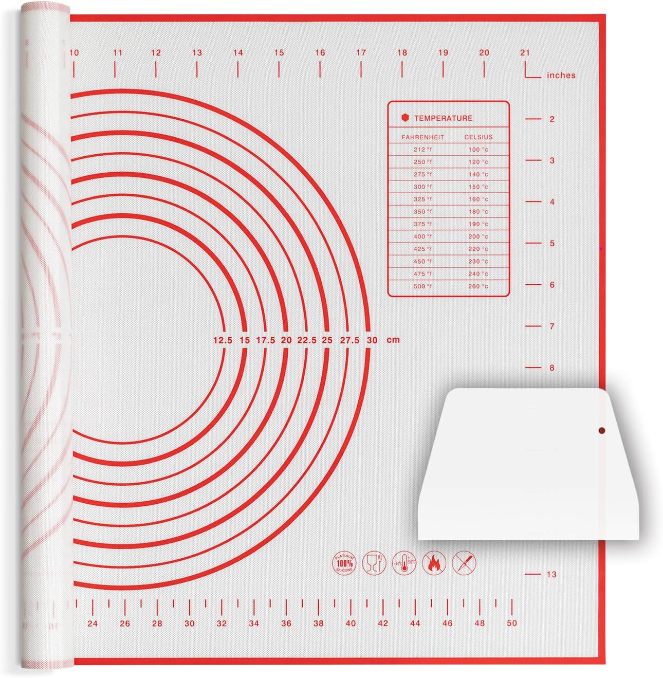 Skiennix Silicone Baking Mat - Non-Slip Pastry Mat with Measurements - BPA-Free, 24 x 16 Inches, Red | Includes Dough Scraper