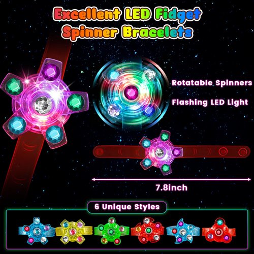 LovesTown 24 Pack LED Light Up Fidget Spinner Bracelets for Kids Ages 3-12, 6 Styles Party Favors Pack, Stocking Stuffers New Year Birthday Goodie Bags, Party Size